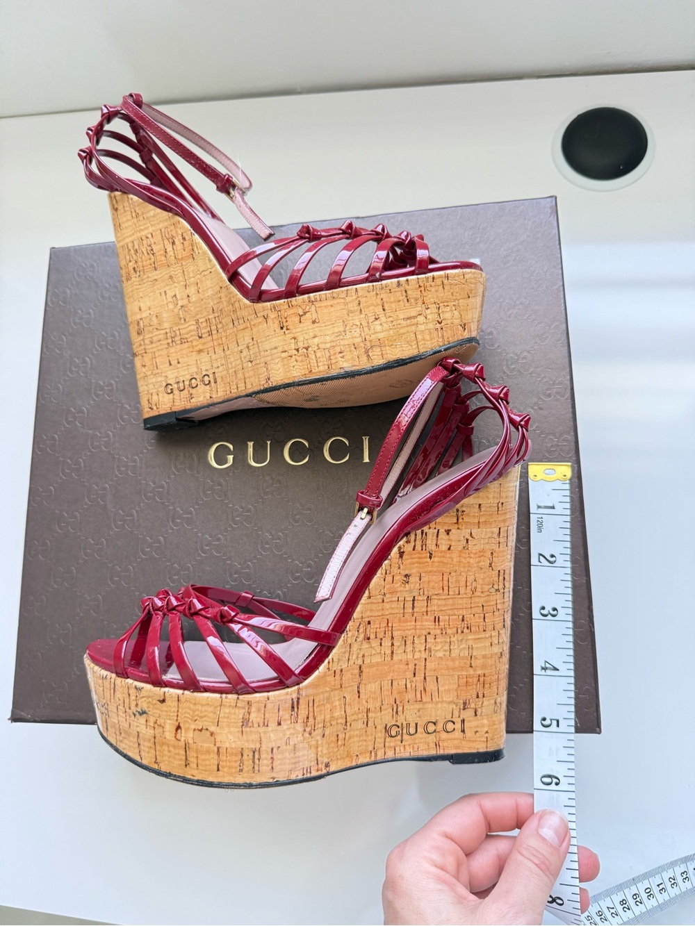 Gucci Alice Red Patent Leather Cork Platform Wedge Sandals Size 37/7